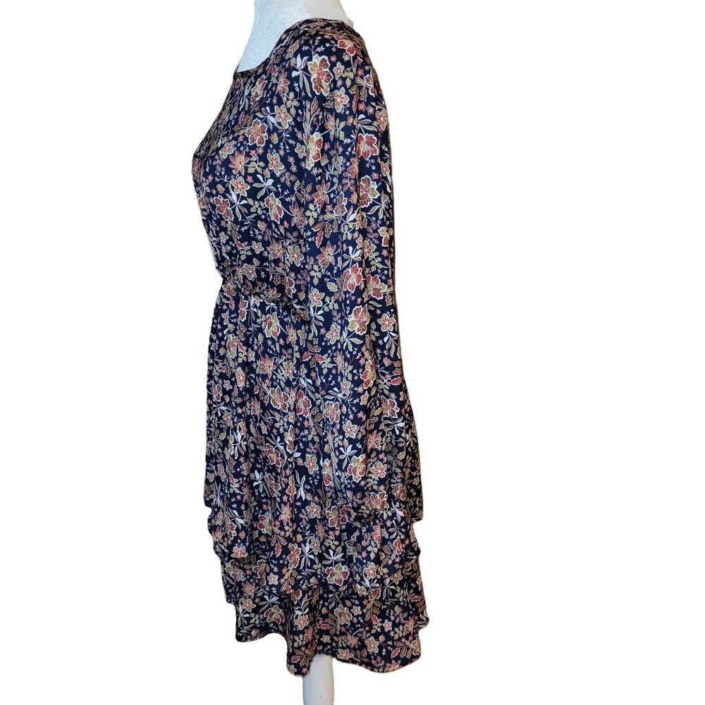 Vision Women’s Medium Navy Floral Boho Long Sleeve Dress Ruffle Hem Polyester - Picture 2 of 8
